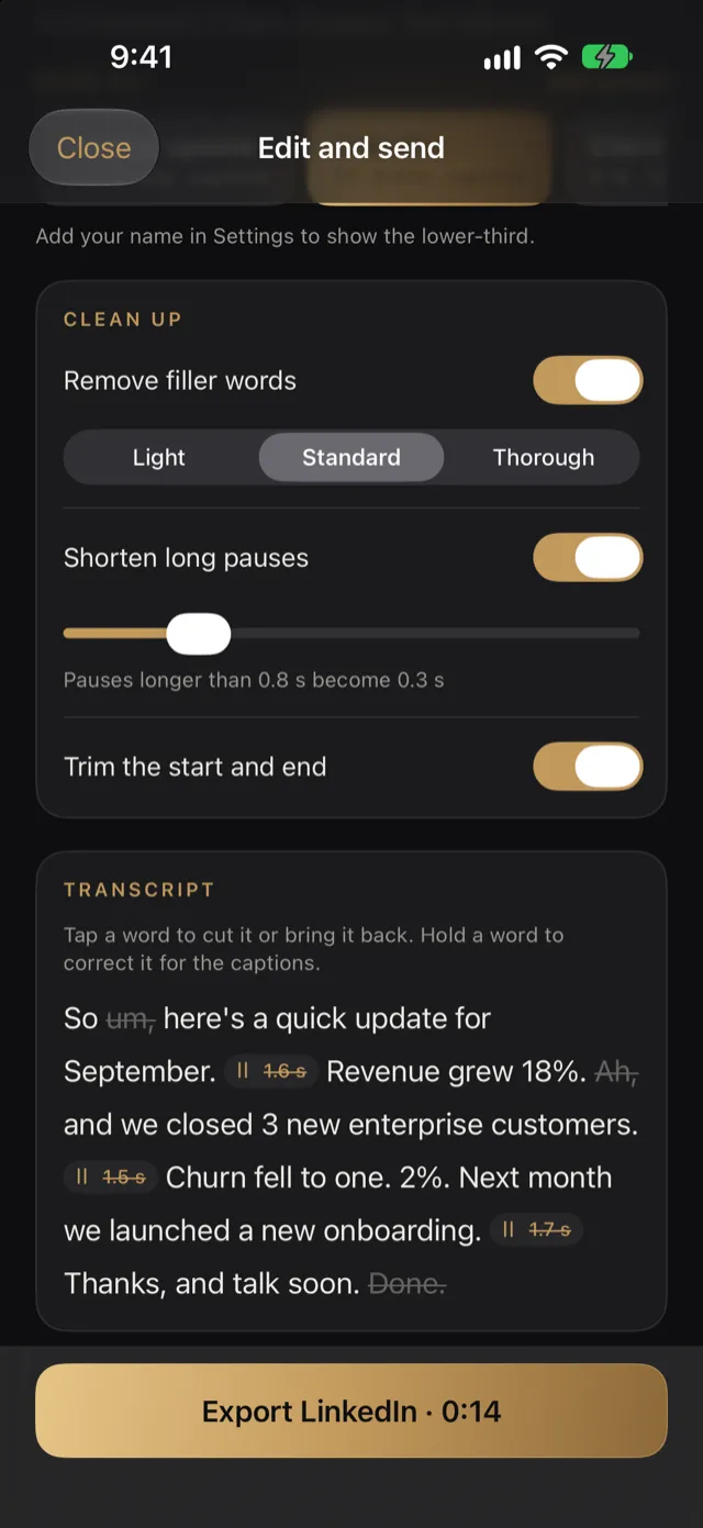 Edit and send: the transcript with filler words and long pauses crossed out, and Clean up settings