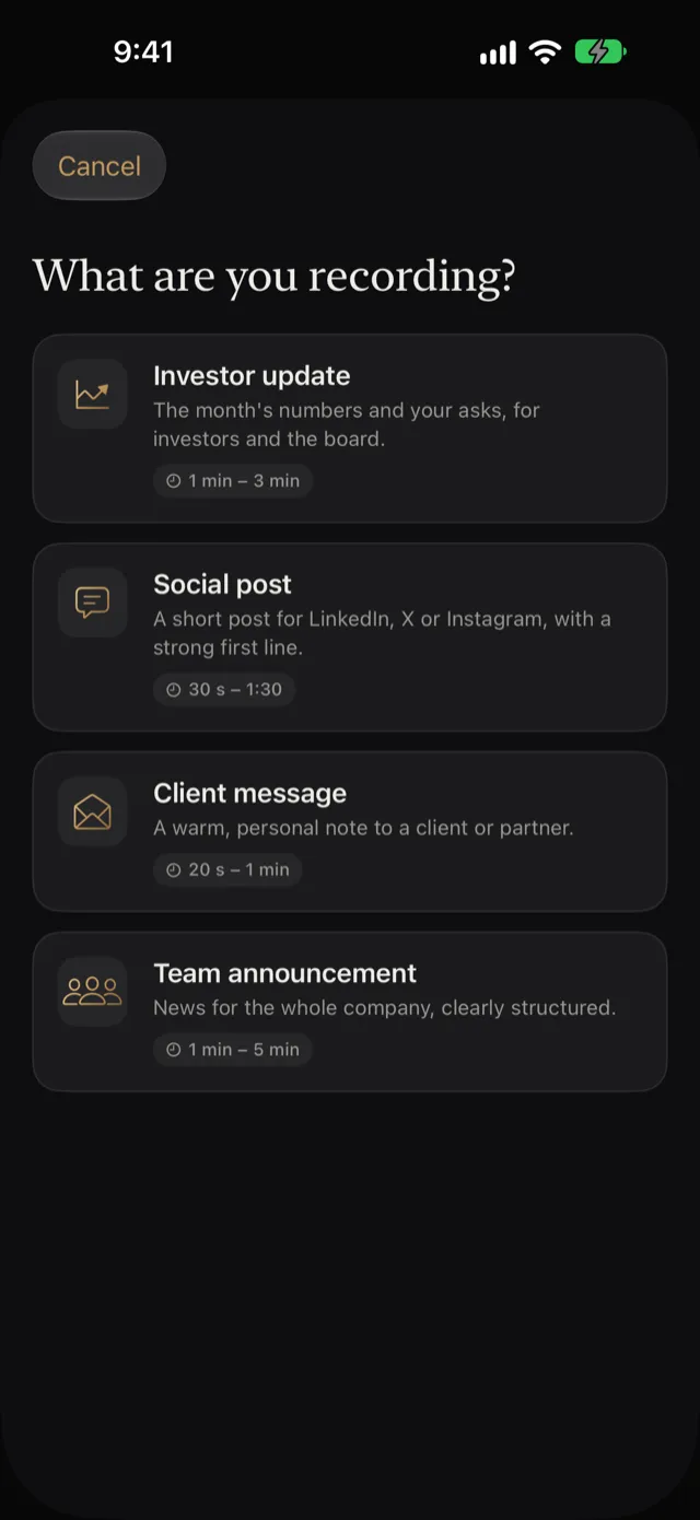 The New video sheet with four video types: investor update, social post, client message and team announcement