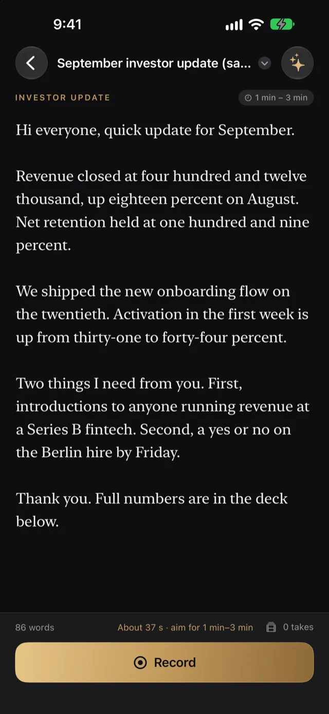 Script Studio showing a September investor update script, 86 words, about 37 seconds